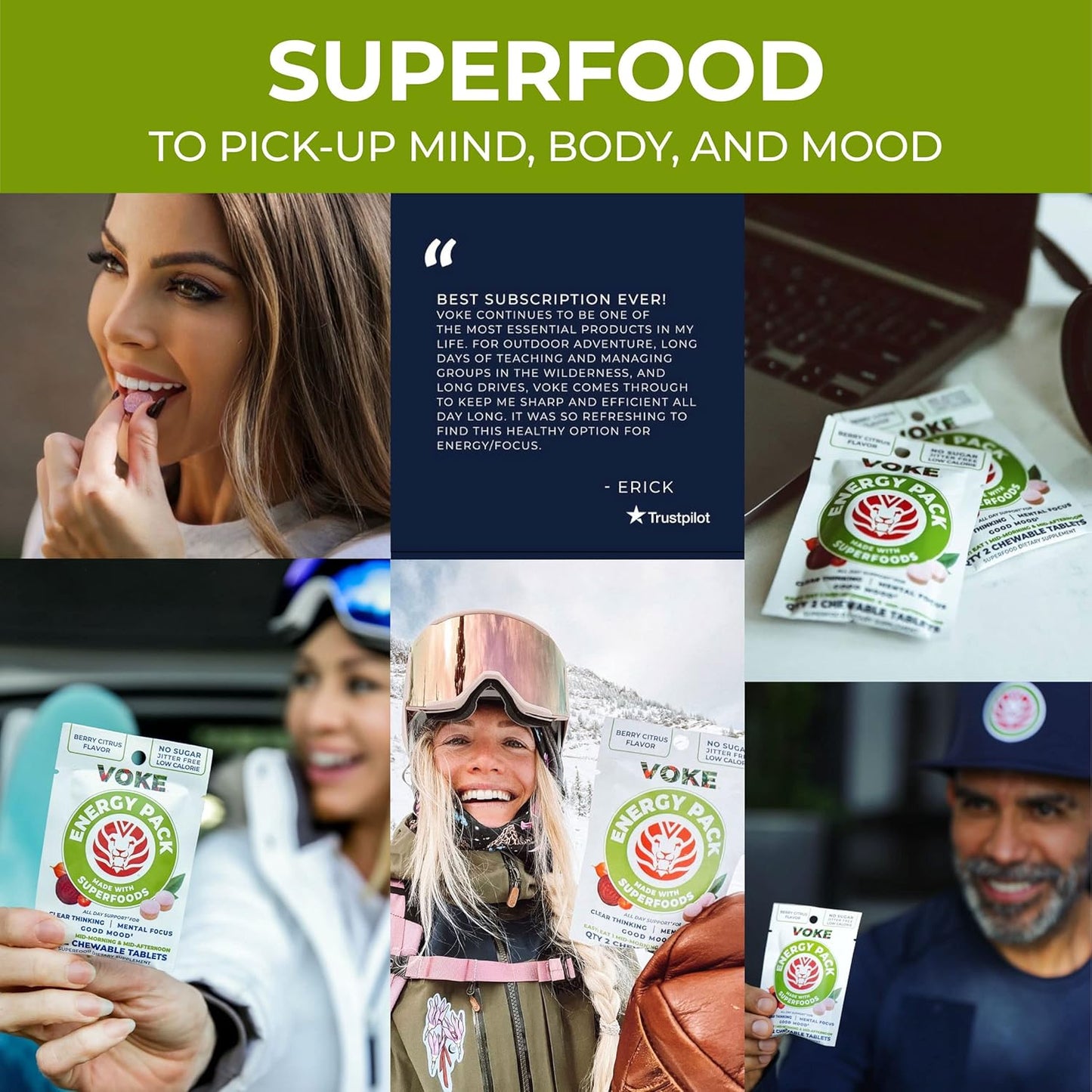 Voke Energy Tablets - Superfood Chewable Tablets for Rapid Focus & Memory, Vitamin C, 30 Count x 5 Pack, Portable & Resealable Pack.
