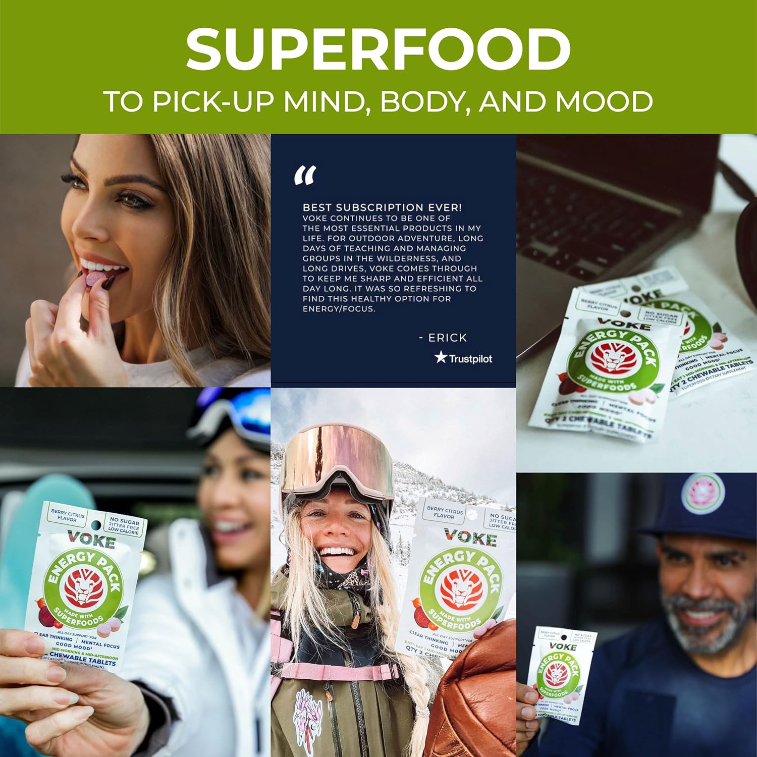 Voke Energy Tablets - Superfood Chewable Tablets for Rapid Focus & Memory, Vitamin C, 30 Count x 5 Pack, Portable & Resealable Pack.