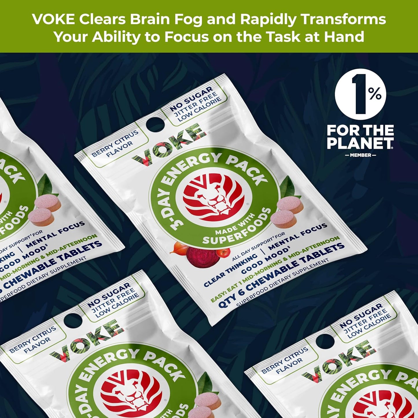 Voke Energy Tablets - Superfood Chewable Tablets for Rapid Focus & Memory, Vitamin C, 30 Count x 5 Pack, Portable & Resealable Pack.