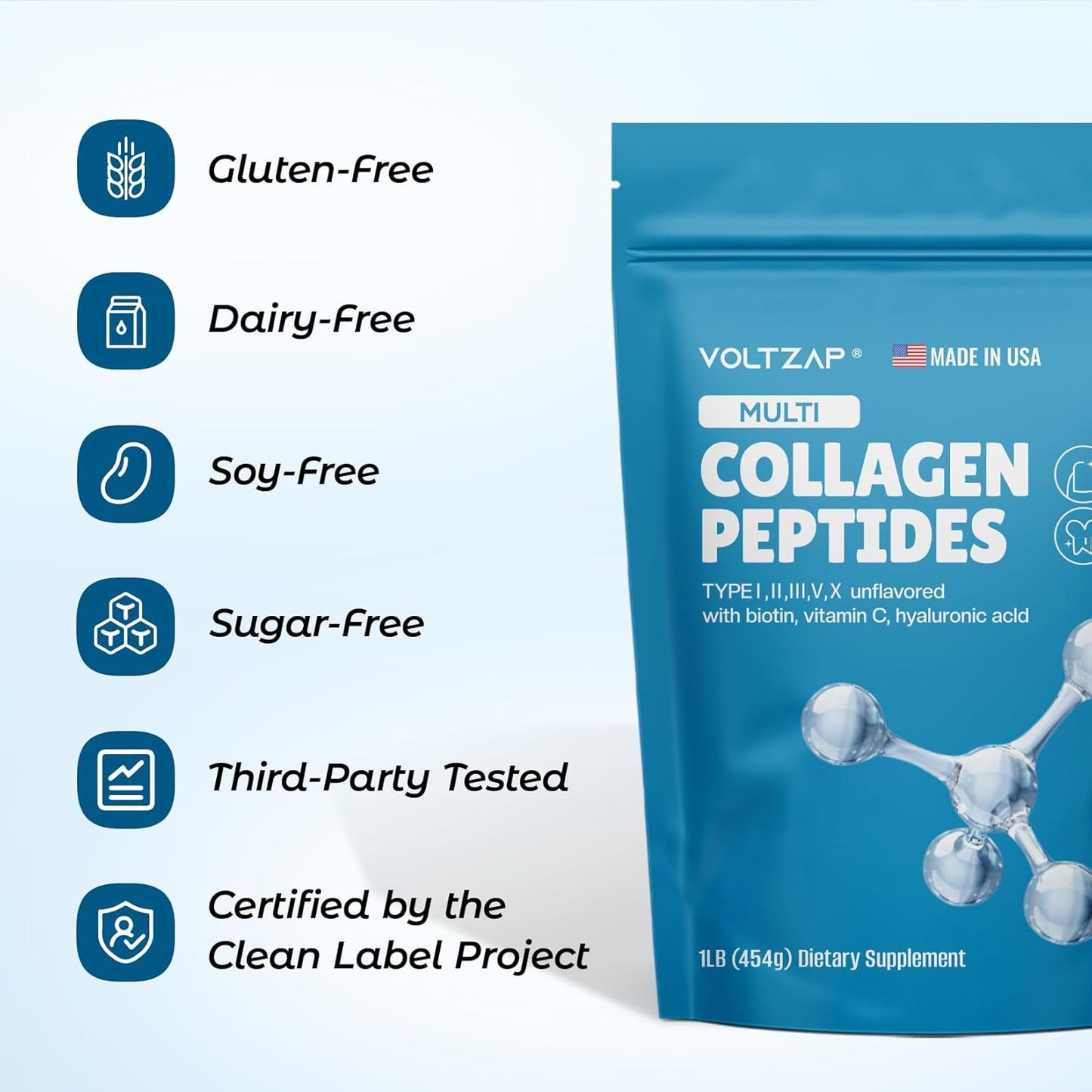 VOLTZAP Multi Collagen Peptides Powder with Biotin & Vitamin C - Natural Supplement for Skin, Hair, Nails, Joints - Unflavored