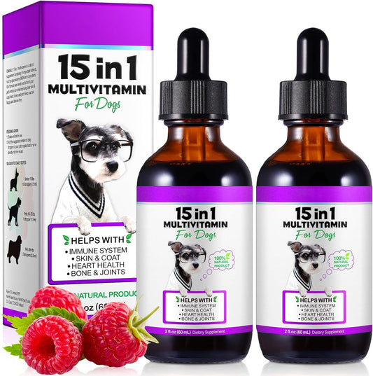 VOSIFSDIY 15-in-1 Dog Multivitamin Liquid Drops for Heart, Bones, Joints, Skin, Coat, Bladder, Immune System - 60ml x 2