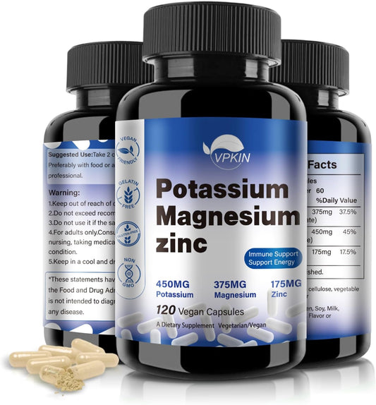 VPKIN Potassium Magnesium Zinc Aspartate Supplement - 1000mg Capsules for Vascular, Bone, Heart, Muscle & Nerve Health - Non-GMO, Vegan (120 Count)