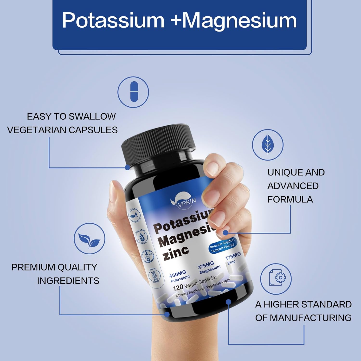 VPKIN Potassium Magnesium Zinc Aspartate Supplement - 1000mg Capsules for Vascular, Bone, Heart, Muscle & Nerve Health - Non-GMO, Vegan (120 Count)
