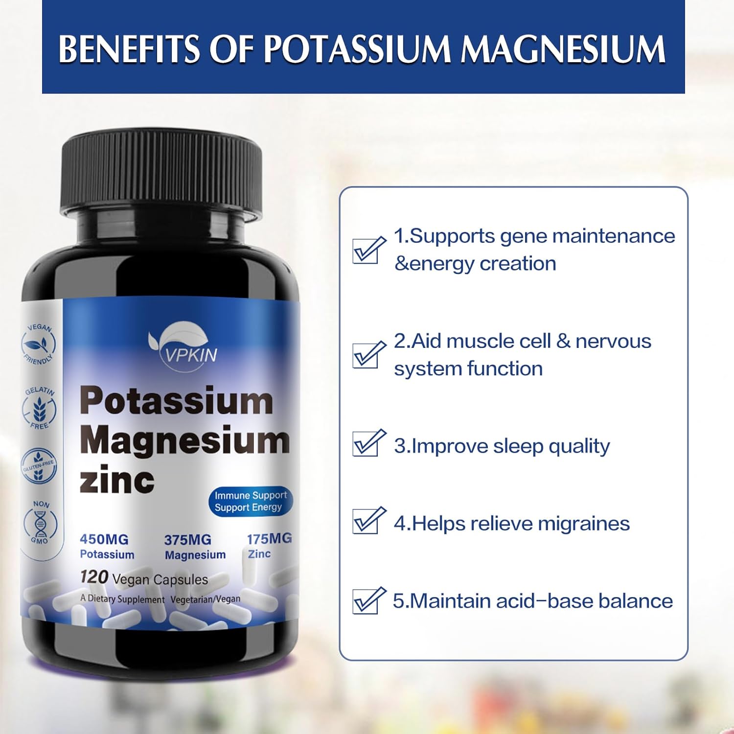 VPKIN Potassium Magnesium Zinc Aspartate Supplement - 1000mg Capsules for Vascular, Bone, Heart, Muscle & Nerve Health - Non-GMO, Vegan (120 Count)