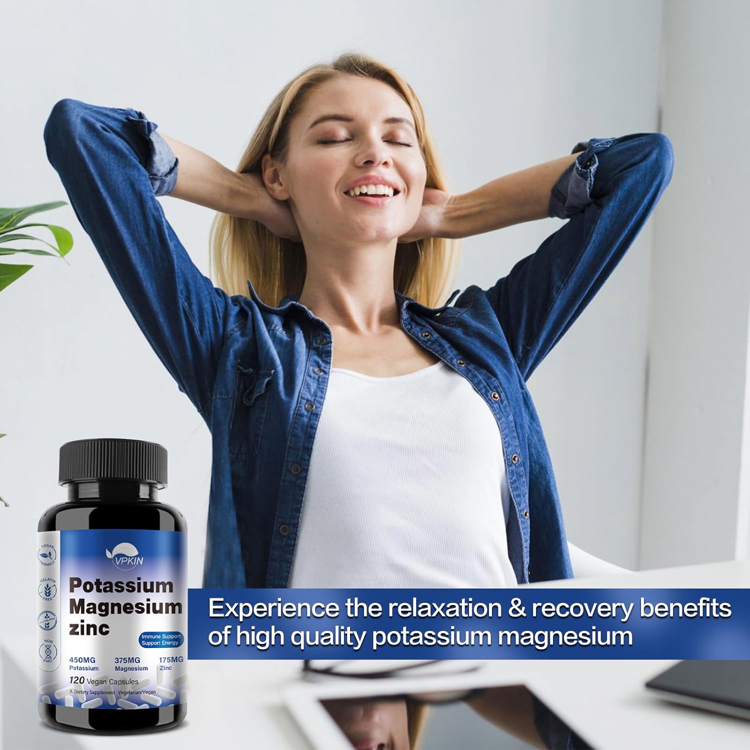 VPKIN Potassium Magnesium Zinc Aspartate Supplement - 1000mg Capsules for Vascular, Bone, Heart, Muscle & Nerve Health - Non-GMO, Vegan (120 Count)