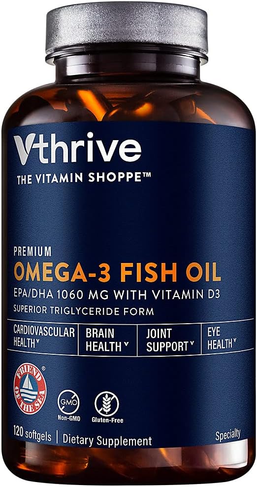 Vthrive Premium Omega-3 Fish Oil with Vitamin D3 - Cardiovascular Health Support - 1,060 EPA/DHA - 120 Softgels
