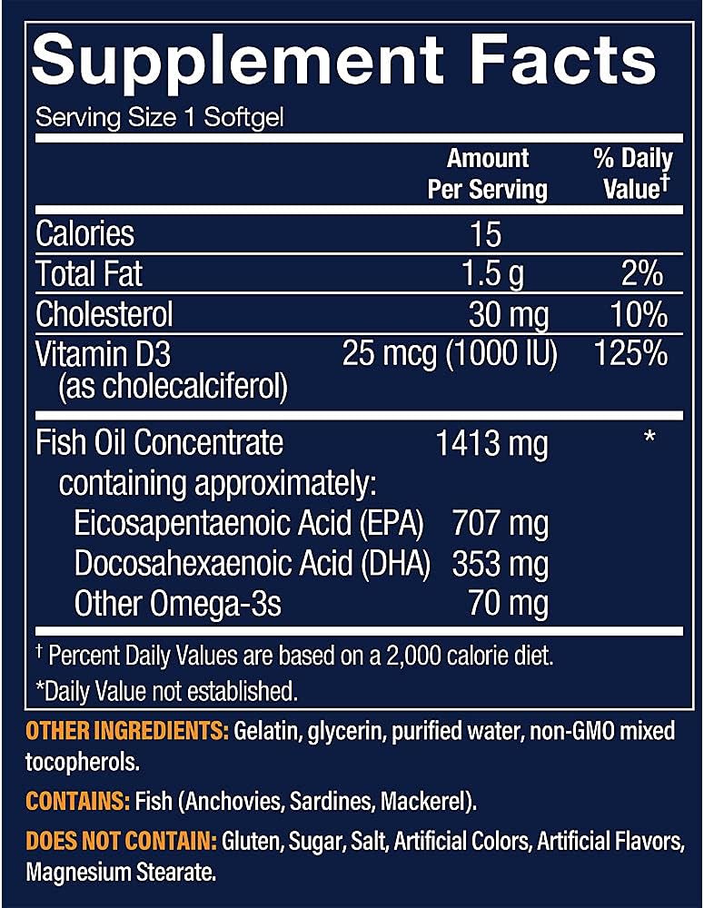 Vthrive Premium Omega-3 Fish Oil with Vitamin D3 - Cardiovascular Health Support - 1,060 EPA/DHA - 120 Softgels