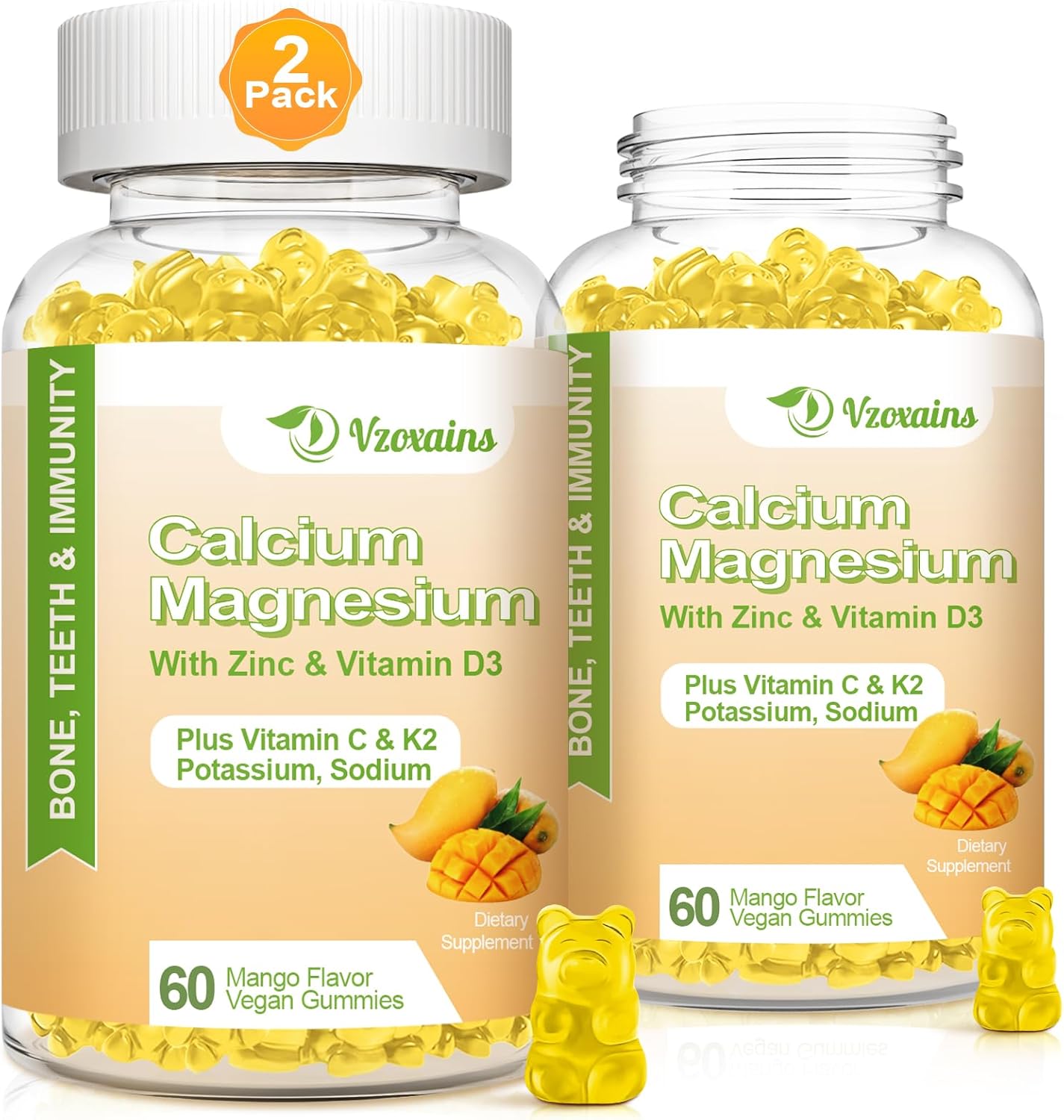 VZOXAINS Vegan Calcium Gummies with Vitamin D3 K2 for Bone & Muscle Health, Mango Flavor - 120 Count