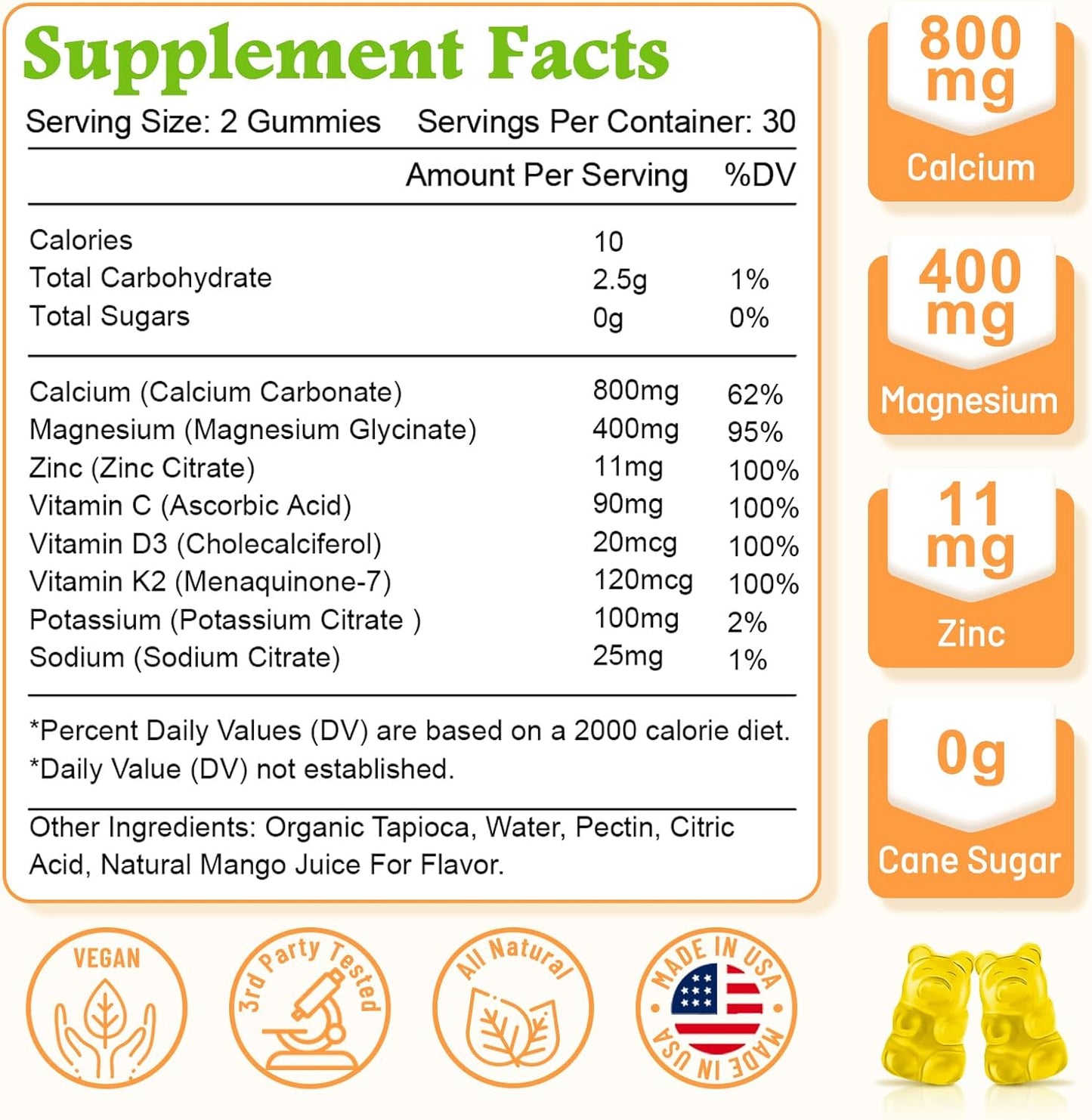 VZOXAINS Vegan Calcium Gummies with Vitamin D3 K2 for Bone & Muscle Health, Mango Flavor - 120 Count