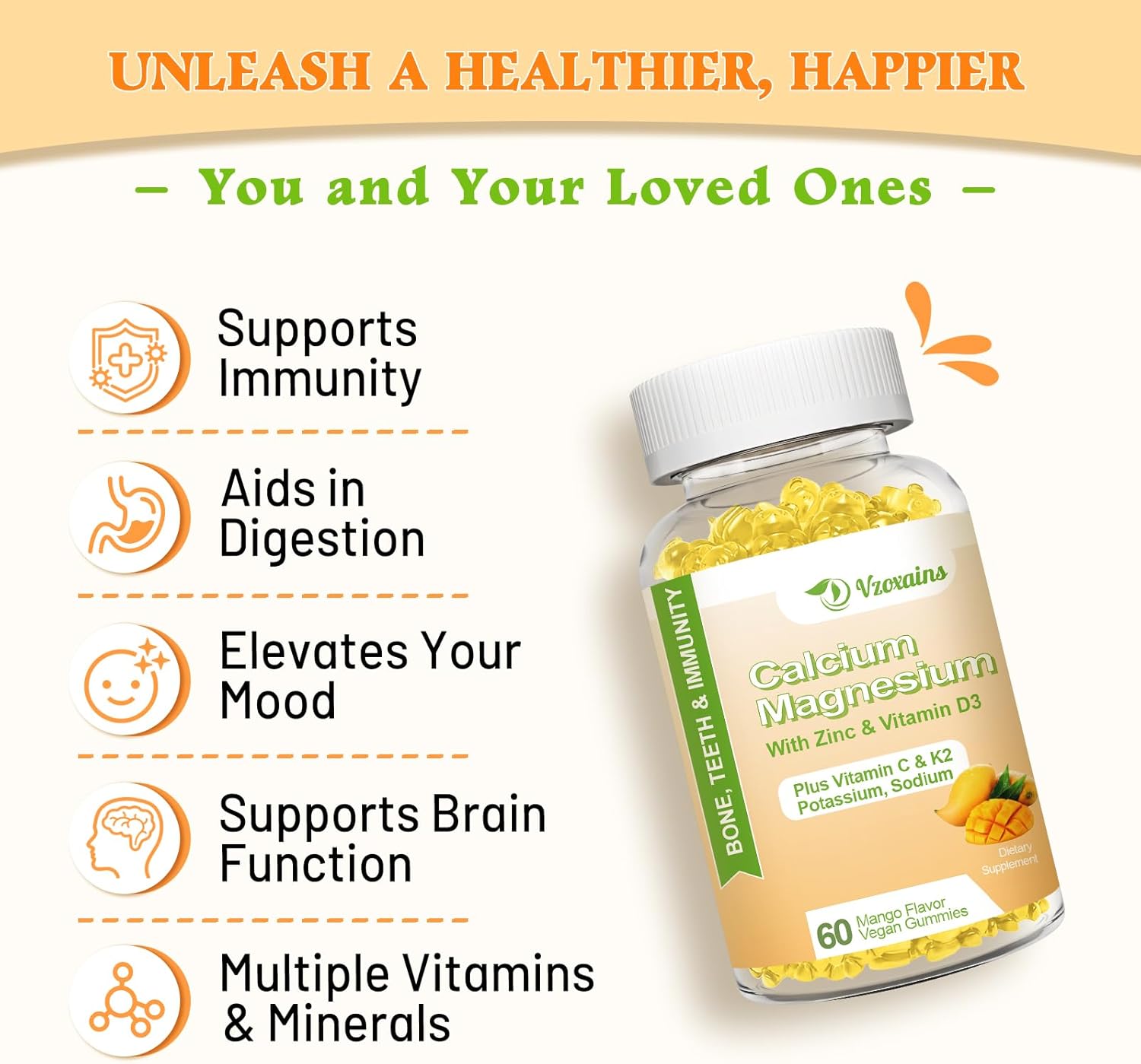 VZOXAINS Vegan Calcium Gummies with Vitamin D3 K2 for Bone & Muscle Health, Mango Flavor - 120 Count