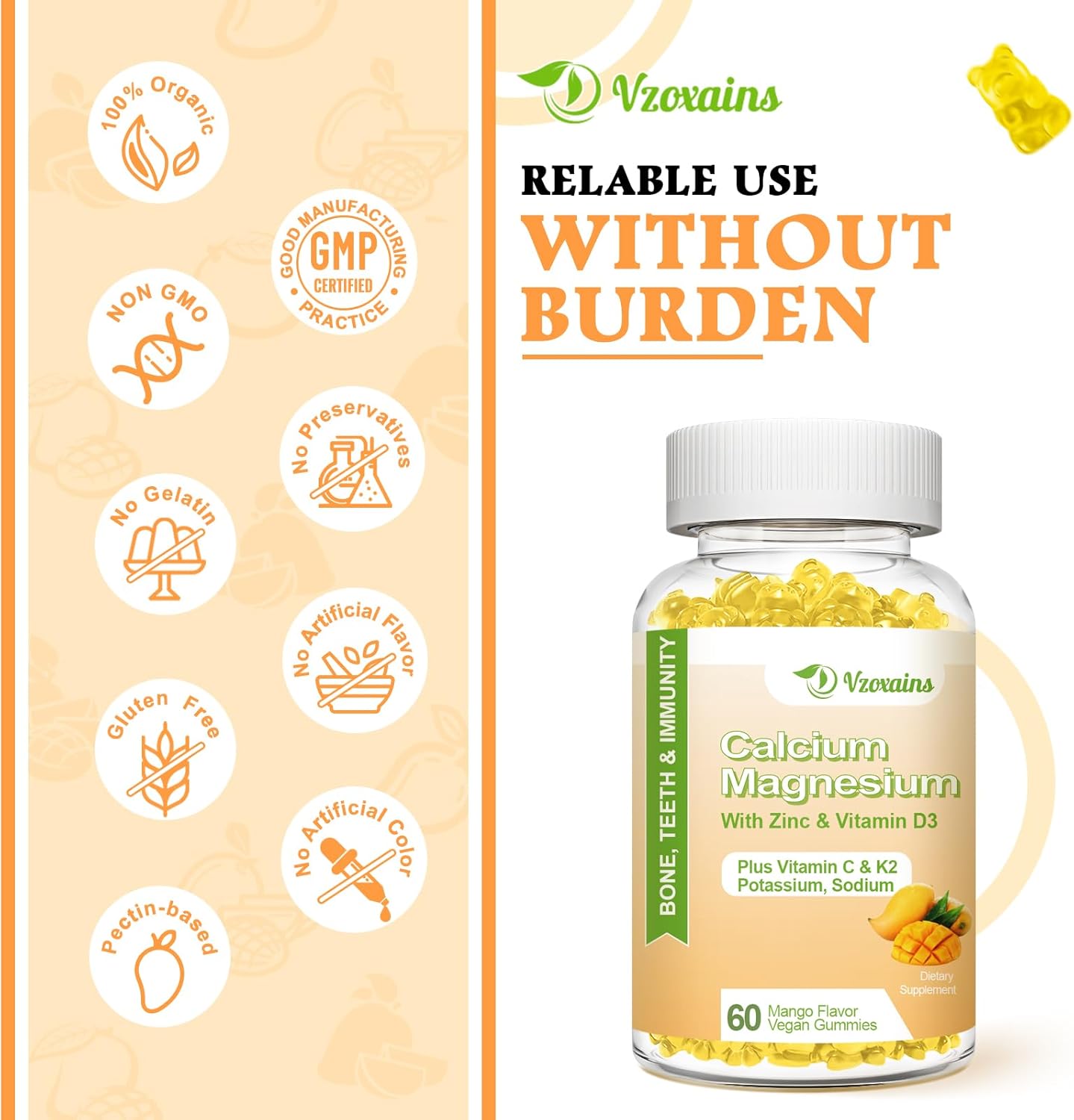 VZOXAINS Vegan Calcium Gummies with Vitamin D3 K2 for Bone & Muscle Health, Mango Flavor - 120 Count
