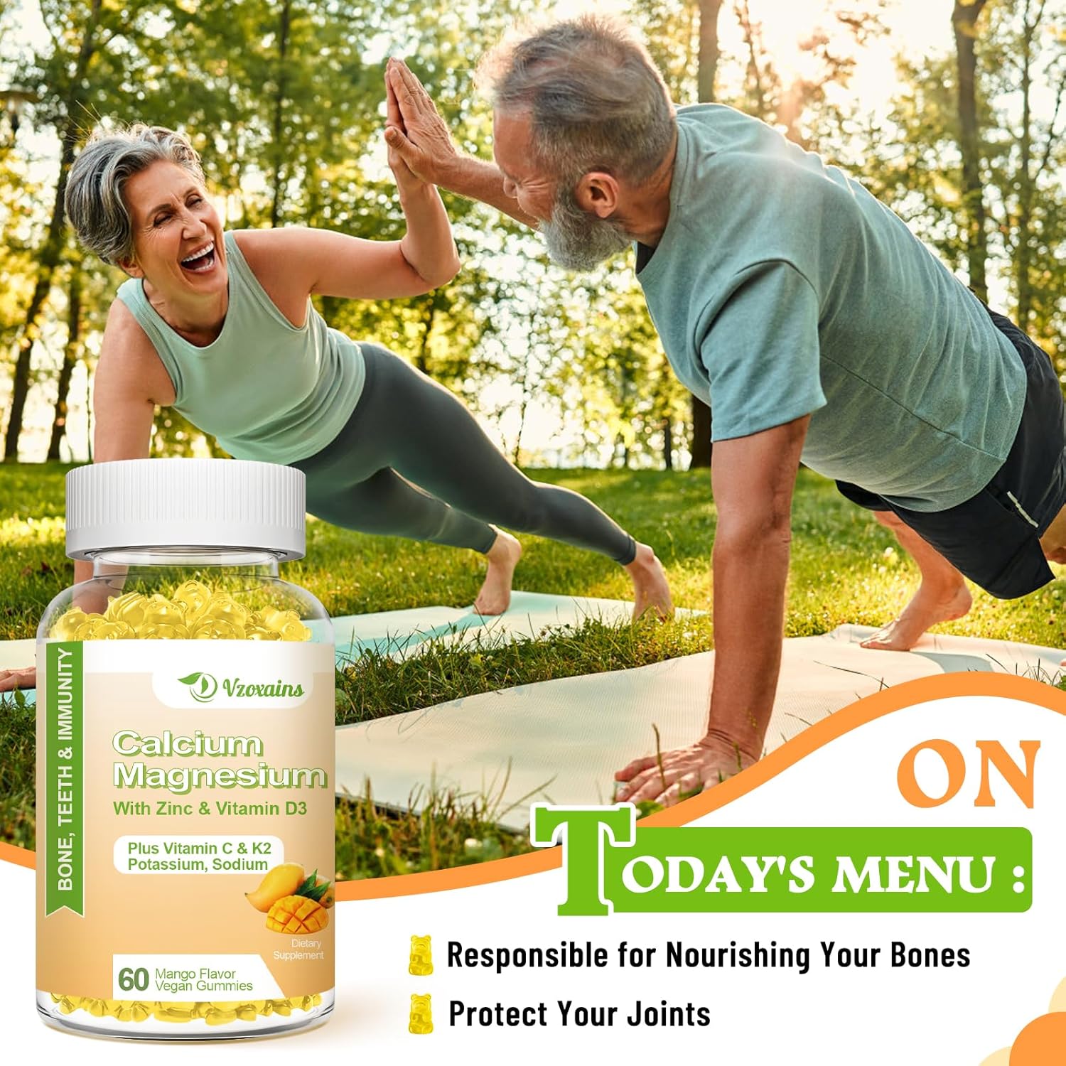 VZOXAINS Vegan Calcium Gummies with Vitamin D3 K2 for Bone & Muscle Health, Mango Flavor - 120 Count