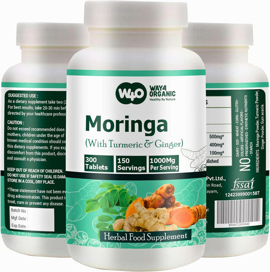 W4O Organic Moringa Tablets with Turmeric & Ginger, 300 Pills, 5-Month Supply, 1000mg per Serving - Digestive Health Support