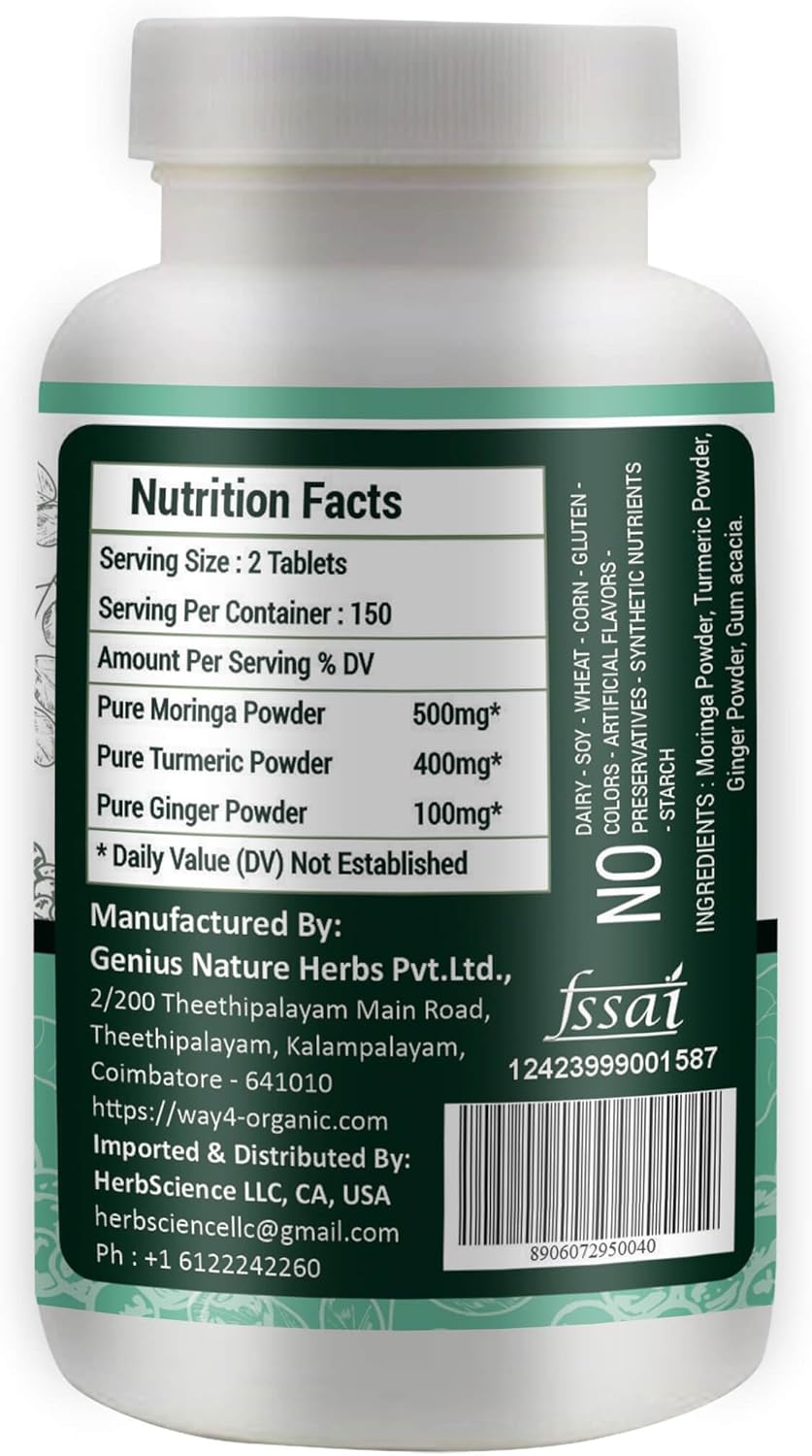 W4O Organic Moringa Tablets with Turmeric & Ginger, 300 Pills, 5-Month Supply, 1000mg per Serving - Digestive Health Support