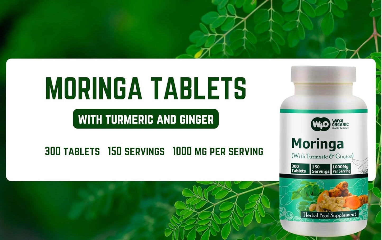 W4O Organic Moringa Tablets with Turmeric & Ginger, 300 Pills, 5-Month Supply, 1000mg per Serving - Digestive Health Support