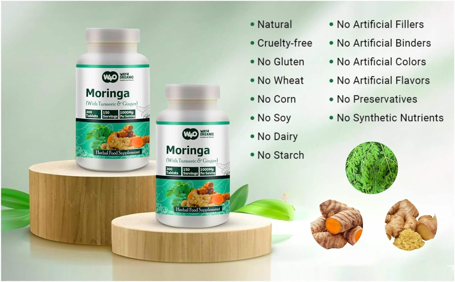 W4O Organic Moringa Tablets with Turmeric & Ginger, 300 Pills, 5-Month Supply, 1000mg per Serving - Digestive Health Support