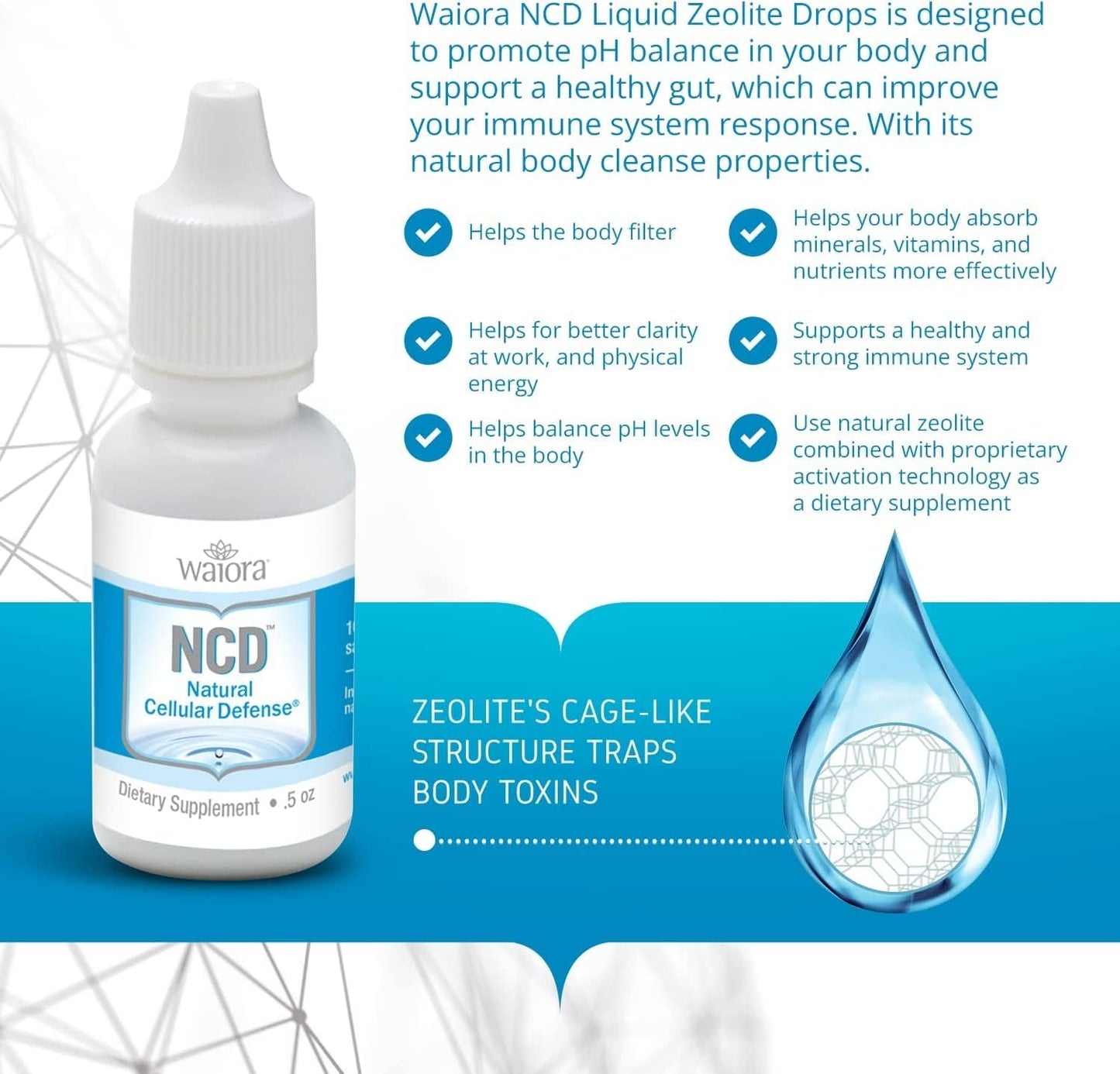 Waiora NCD Activated Liquid Zeolite Drops - Natural Body Cleanse & Immune Support - Mix in Food/Drinks - pH Balance - 2 (0.5 oz) Bottles, 180 servings