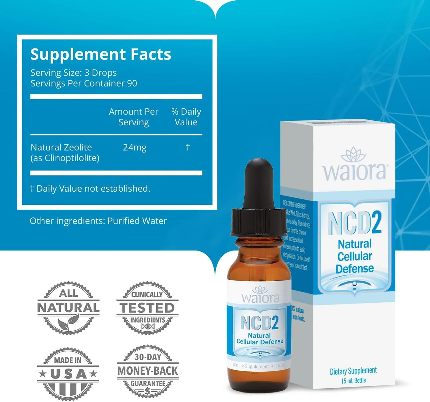 Waiora NCD2 Liquid Zeolite Drops for Natural Body Cleanse, Immune Support, and pH Balance - All-Natural Formula for Food/Drink Mix, 90 Servings