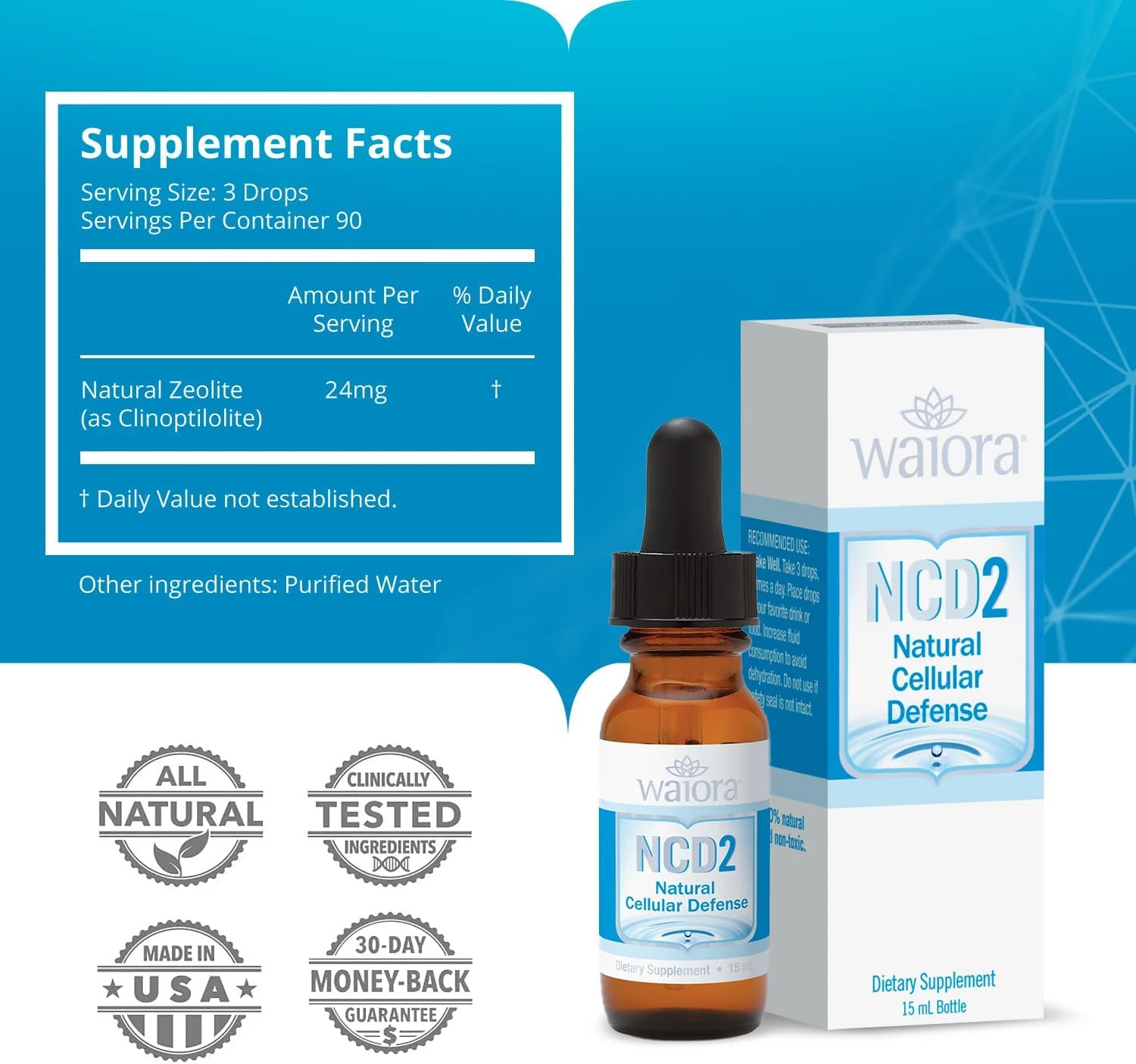 Waiora NCD2 Liquid Zeolite Drops for Natural Body Cleanse, Immune Support, and pH Balance - All-Natural Formula for Food/Drink Mix, 90 Servings