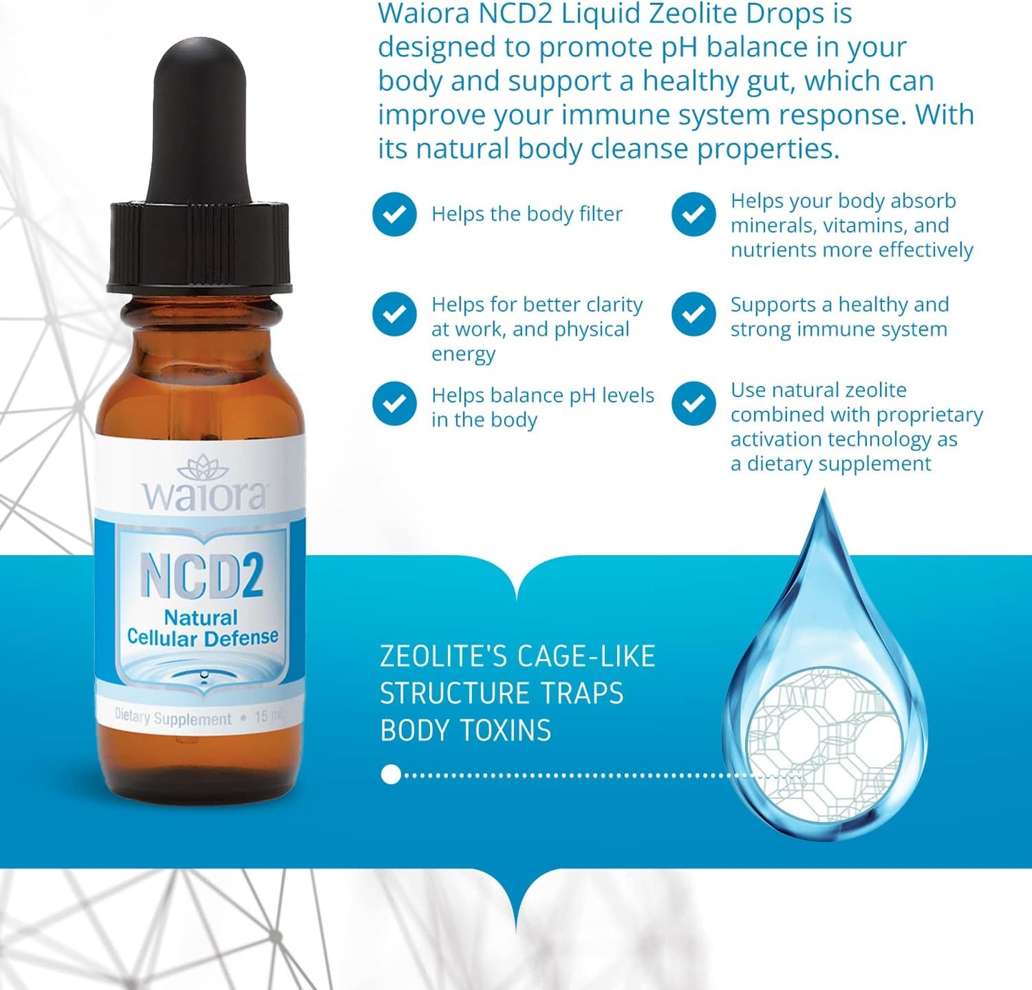 Waiora NCD2 Liquid Zeolite Drops for Natural Body Cleanse, Immune Support, and pH Balance - All-Natural Formula for Food/Drink Mix, 90 Servings