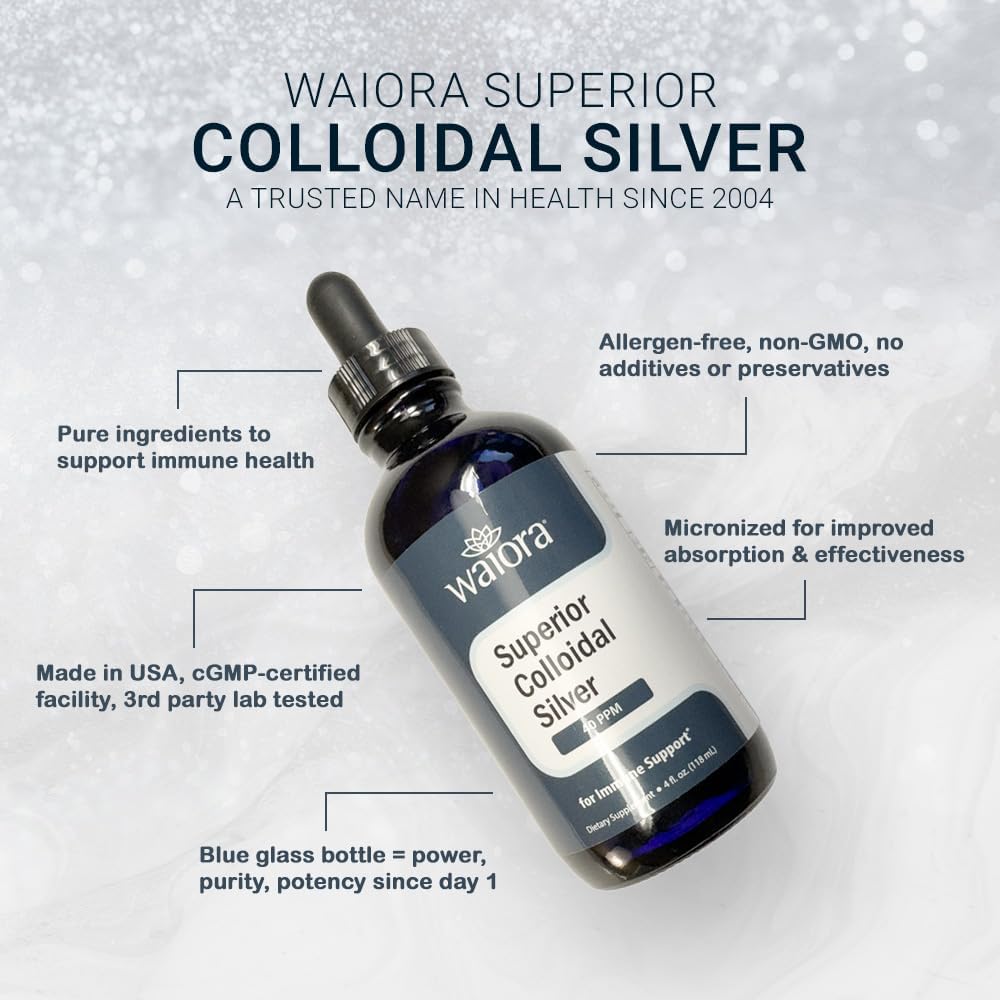 Waiora Superior Colloidal Silver Liquid Mineral Supplement 40 PPM in Blue Glass Bottle - Immune Support (1 bottle/22 servings)