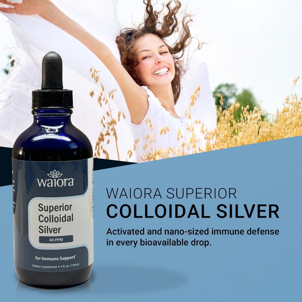 Waiora Superior Colloidal Silver Liquid Mineral Supplement 40 PPM in Blue Glass Bottle - Immune Support (1 bottle/22 servings)