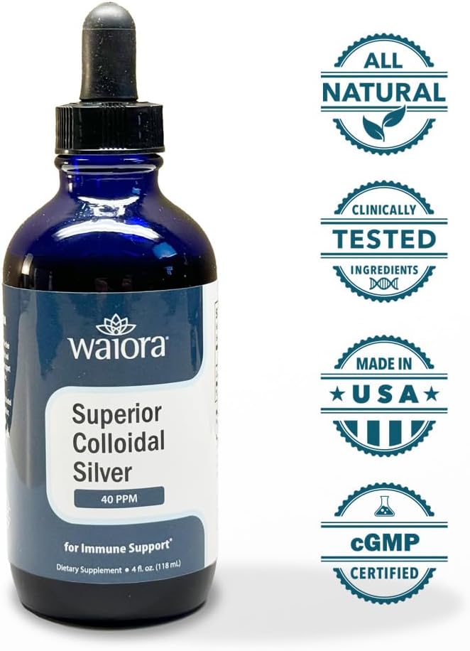Waiora Superior Colloidal Silver Liquid Mineral Supplement 40 PPM in Blue Glass Bottle - Immune Support (1 bottle/22 servings)