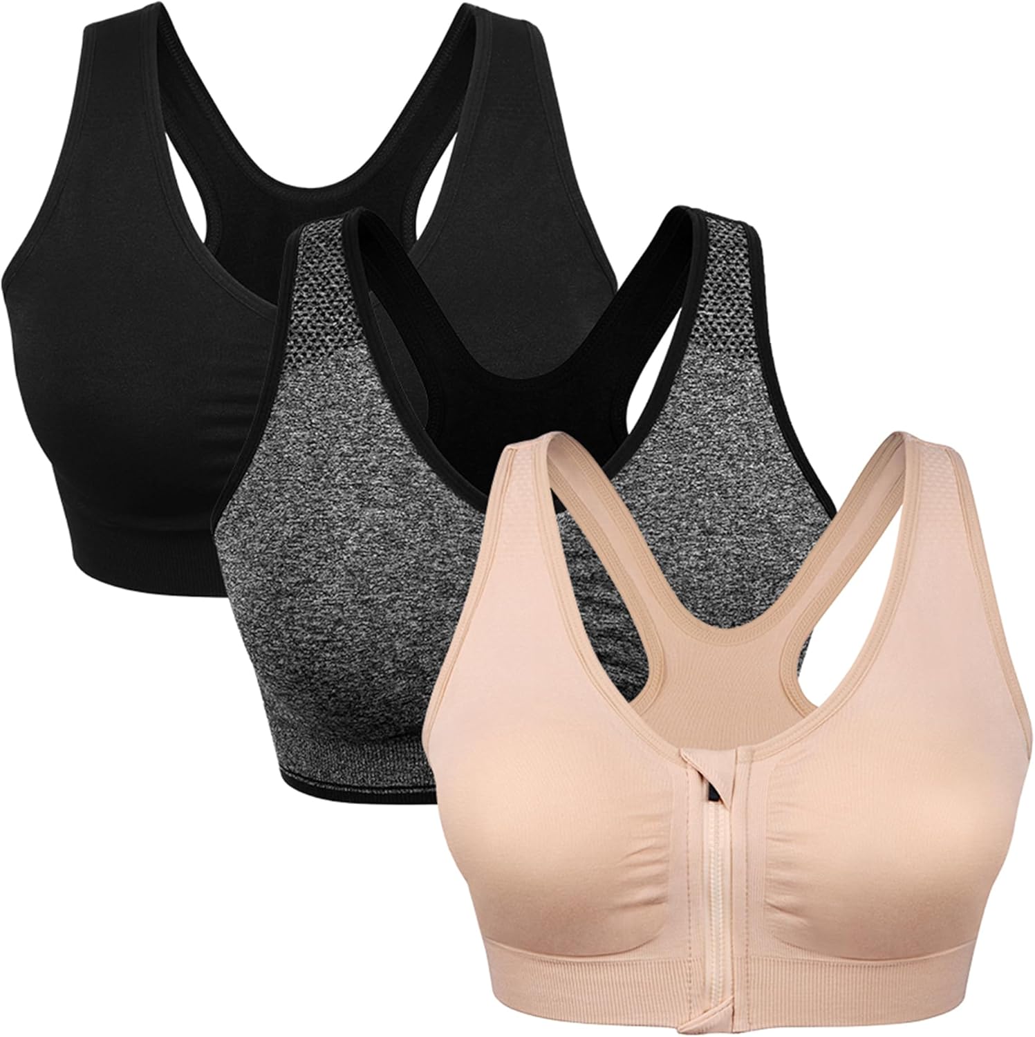 WANAYOU Women's Wireless Zip Front Post-Surgery Sports Bra for Active Yoga