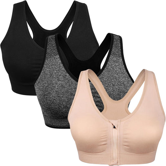 WANAYOU Women's Wireless Zip Front Post-Surgery Sports Bra for Active Yoga