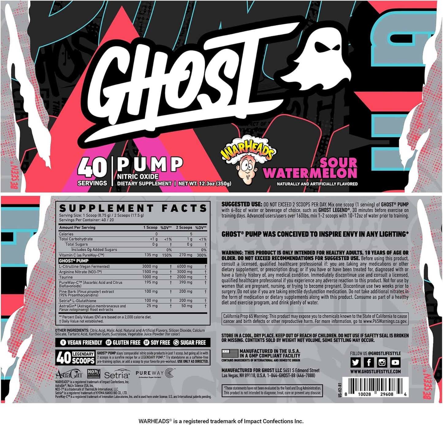 Warheads Sour Watermelon GHOST Pump Nitric Oxide Powder - 40 Servings - Stim-Free Pre-Workout with L-Citrulline & Arginine Nitrate