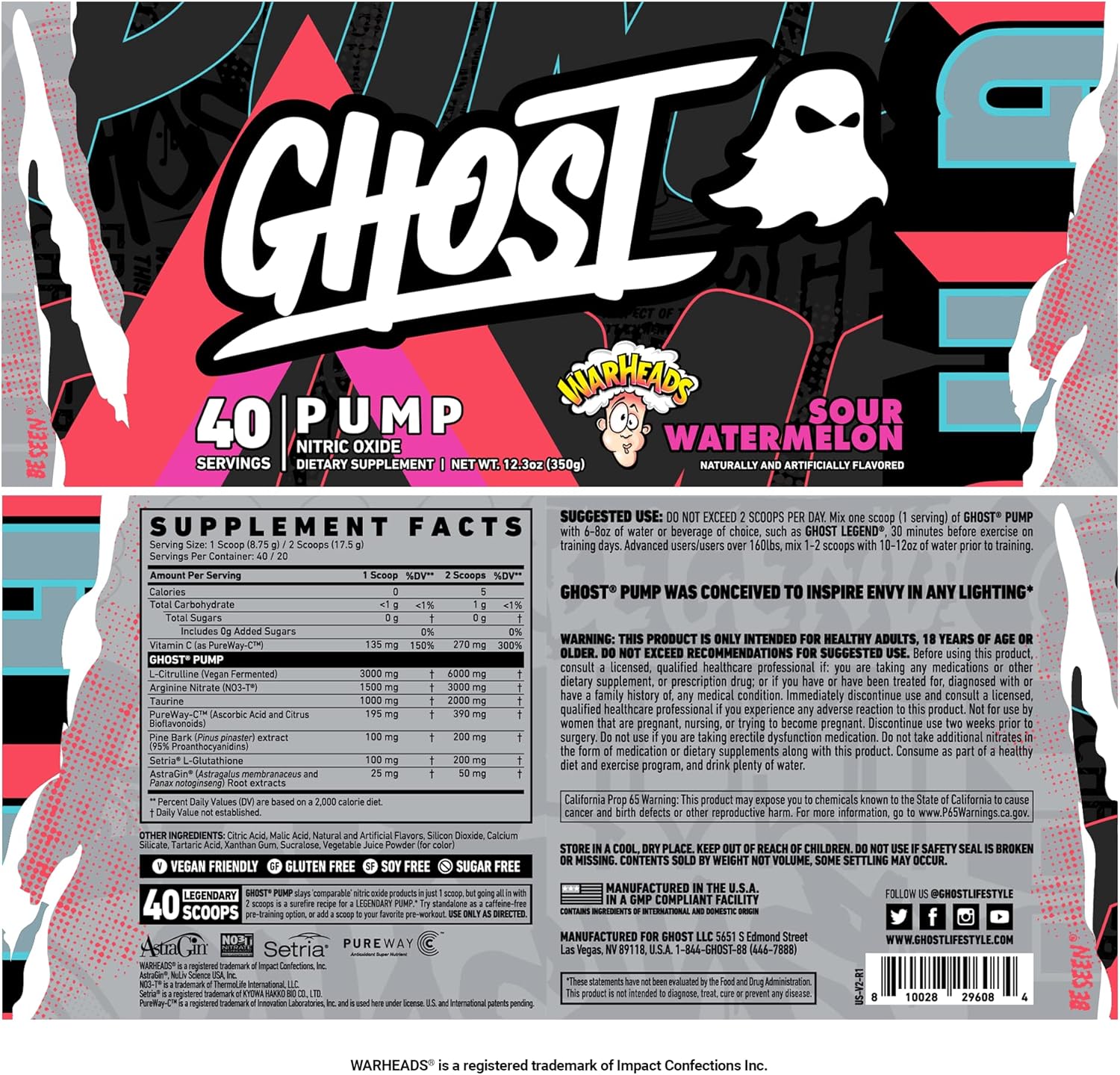 Warheads Sour Watermelon GHOST Pump Nitric Oxide Powder - 40 Servings - Stim-Free Pre-Workout with L-Citrulline & Arginine Nitrate