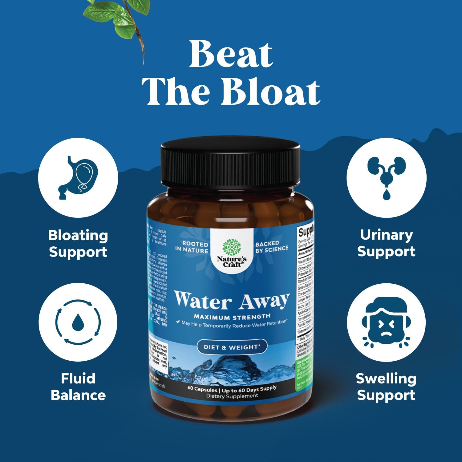 Water Away Pills with Vitamin B6, Potassium, Dandelion Root Extract - Natural Diuretic for Water Retention, Anti-Bloating, Weight Loss - Green Tea Antioxidant - Men & Women - Bio Sense
