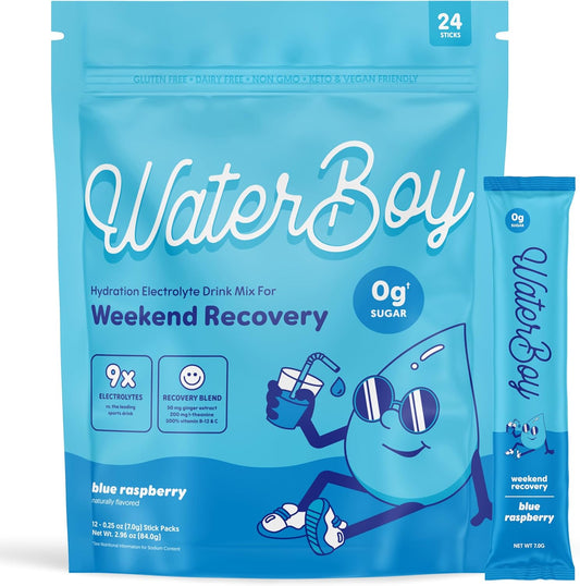 Waterboy Weekend Recovery Electrolyte Powder Packets - 3,200mg - Ginger, L-Theanine, Vitamins - No Sugar, All Natural, Gluten Free - 24 Blue Raspberry Drink Mix Sticks