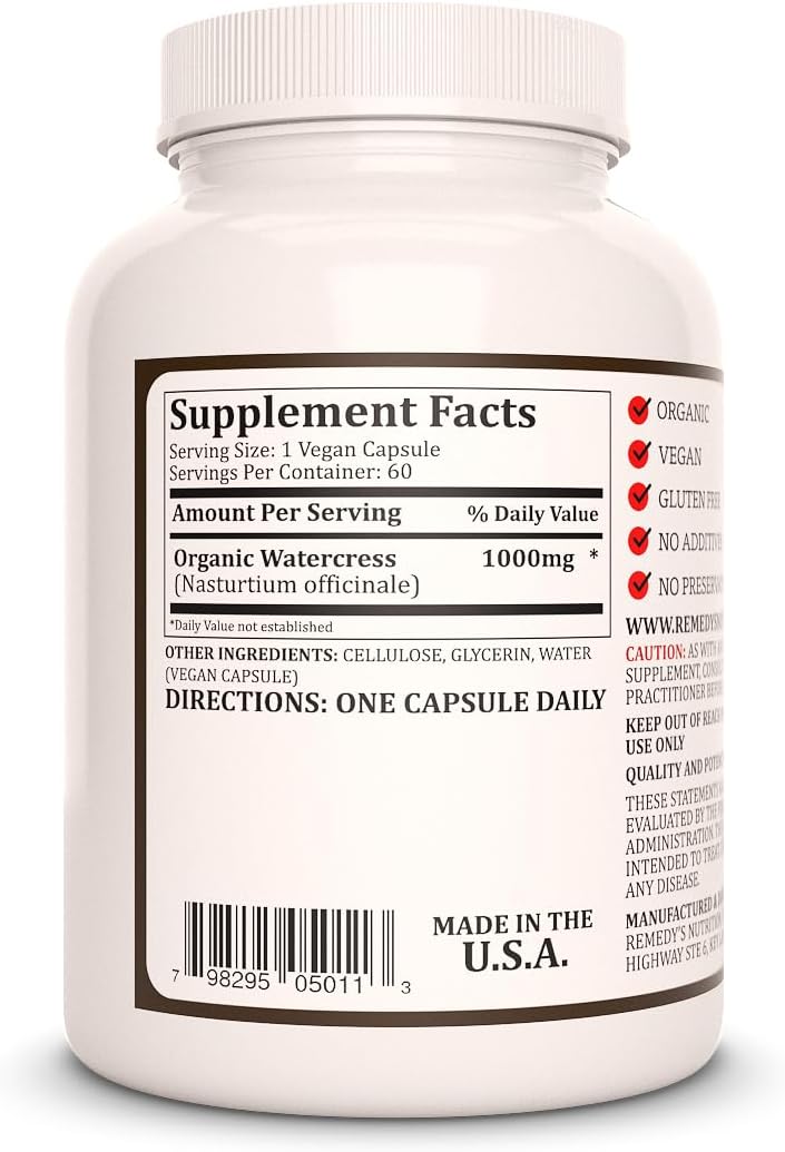 Watercress Herbal Dietary Supplement Capsules | 1,000mg, 60 Count | Vegan, Non-GMO, Gluten-Free | Two Month Supply | No Fillers