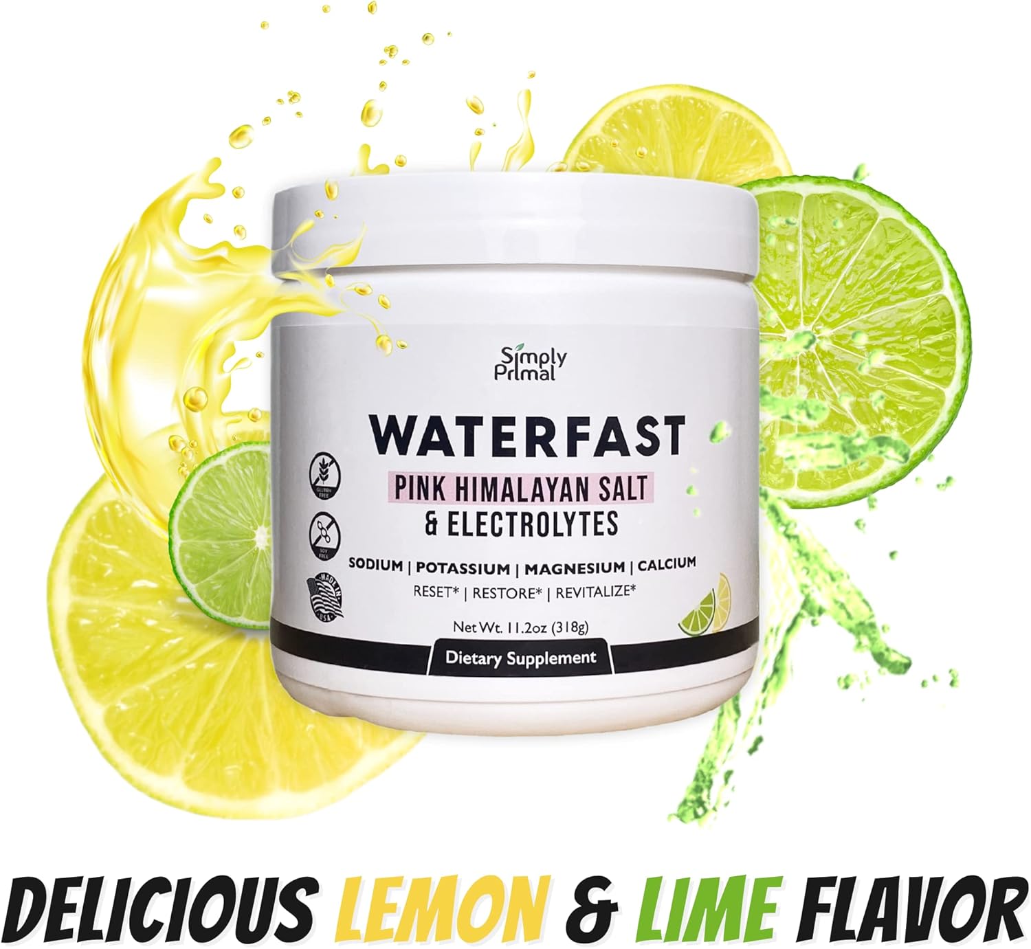 Waterfast Keto Electrolyte Powder - Lemon Lime Flavor with Pink Himalayan Salt | Sodium, Potassium, Magnesium, Calcium | Sugar/Gluten/Soy Free for Fasting & Hydration