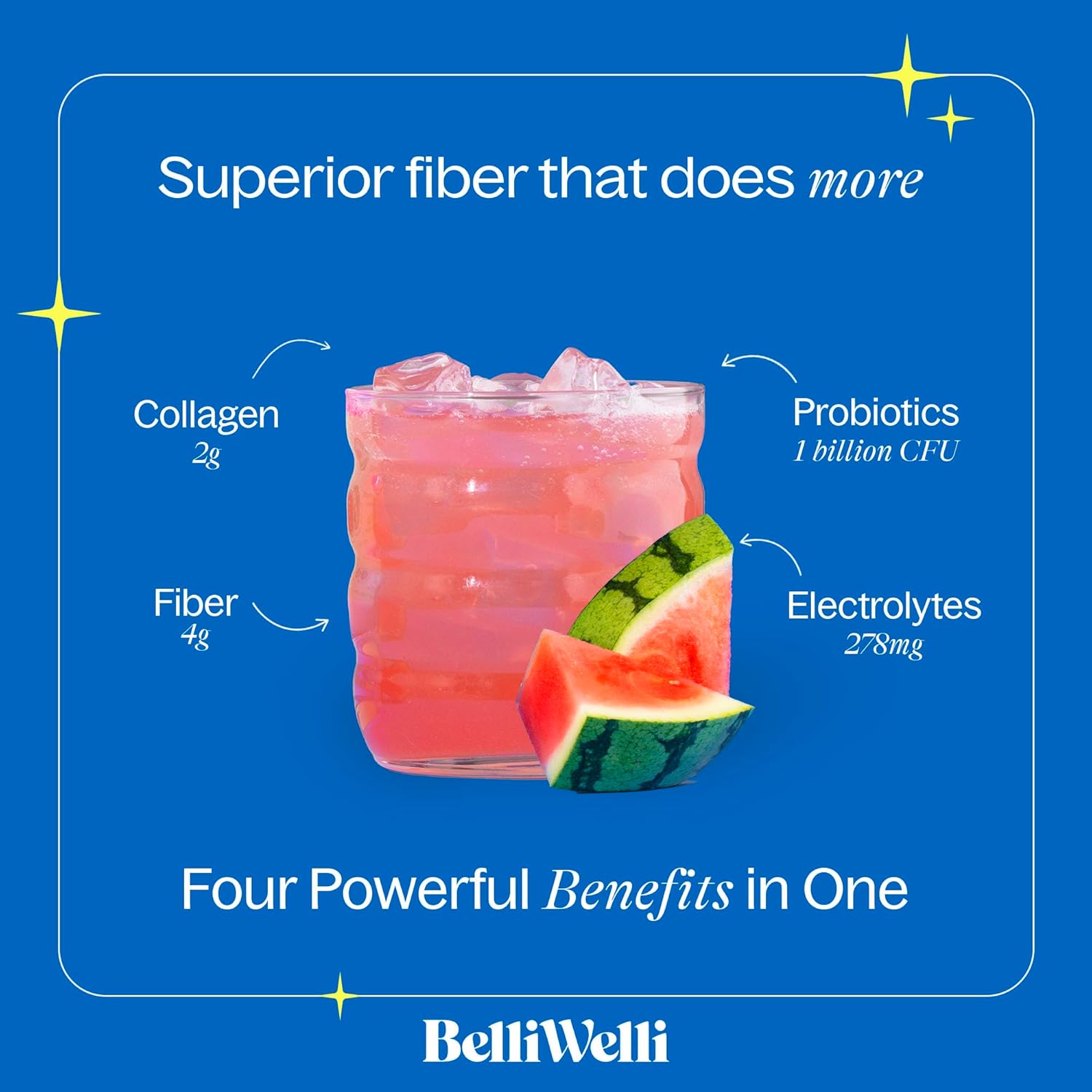 Watermelon Belli Welli Fiber Supplement Powder with Collagen, Probiotics, and Electrolytes - 16 Servings for Digestive Health & Gut Balance