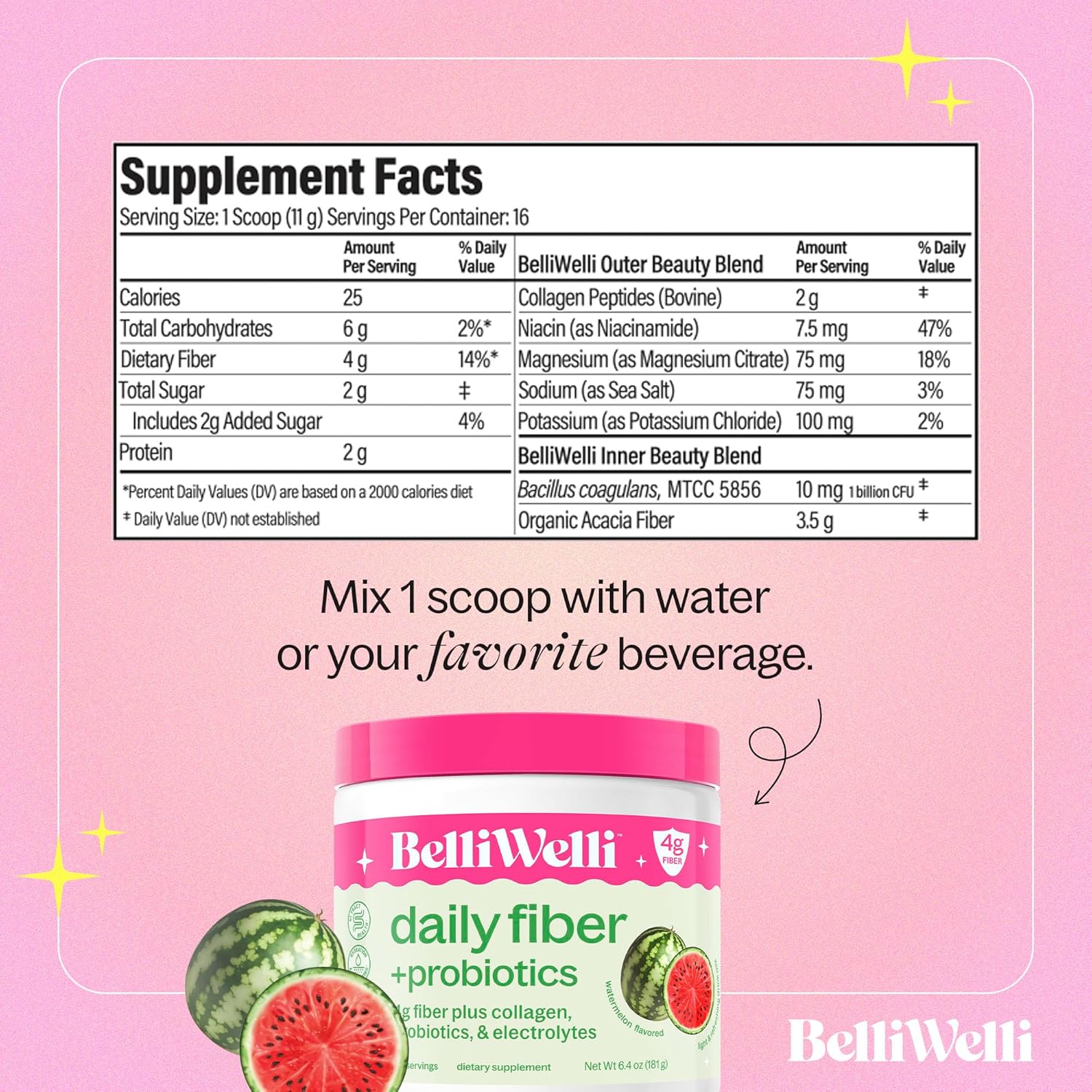 Watermelon Belli Welli Fiber Supplement Powder with Collagen, Probiotics, and Electrolytes - 16 Servings for Digestive Health & Gut Balance