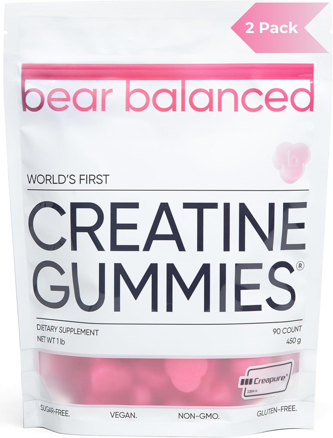 Watermelon Burst Bear Balanced Creatine Gummies with Creatine Monohydrate, L-Theanine, L-Tyrosine, B12 - Muscle Growth, Strength, Focus - 2 Pack for Men & Women