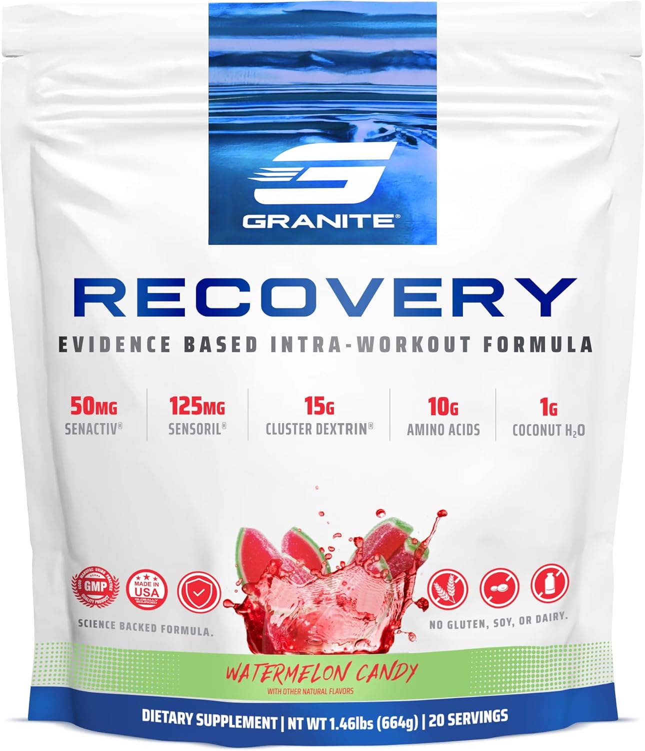 Watermelon Candy Granite Recovery Intra and Post-Workout Supplement - 10g Aminos, Electrolytes, Cluster Dextrin, Sensoril - Muscle Growth & Recovery Support (20 Servings)