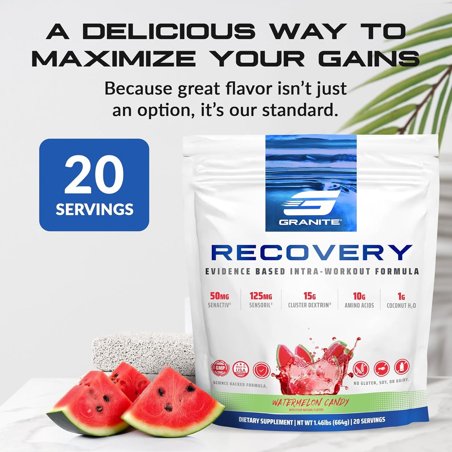 Watermelon Candy Granite Recovery Intra and Post-Workout Supplement - 10g Aminos, Electrolytes, Cluster Dextrin, Sensoril - Muscle Growth & Recovery Support (20 Servings)