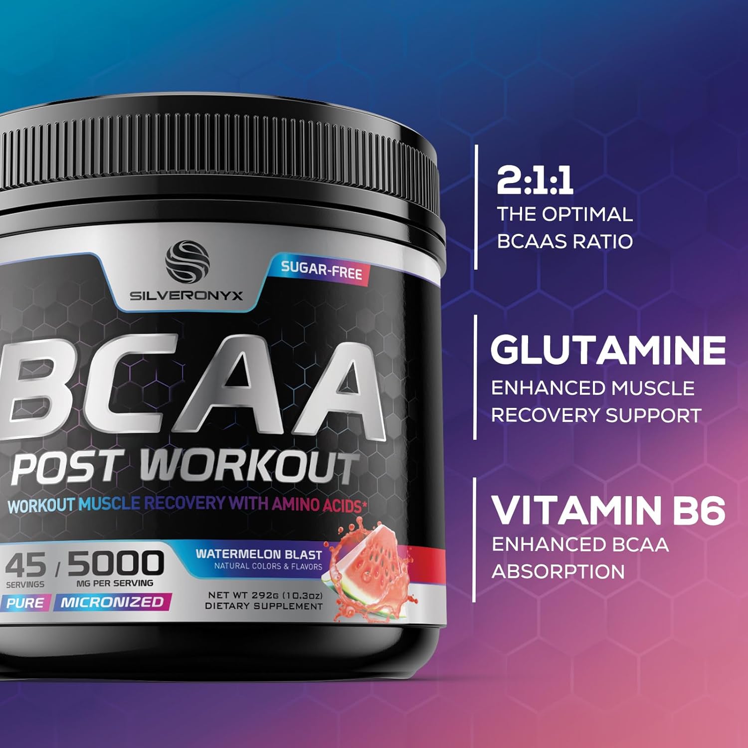Watermelon Flavored Amino Muscle Recovery Powder with BCAAs - Energy Mix for Post-Workout - 45 Servings