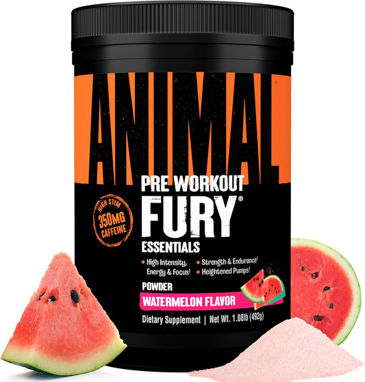 Watermelon Flavored Animal Fury Pre Workout Powder - Energy and Focus Supplement with BCAAs and Caffeine - Nitric Oxide Booster for Men and Women - 30 Servings
