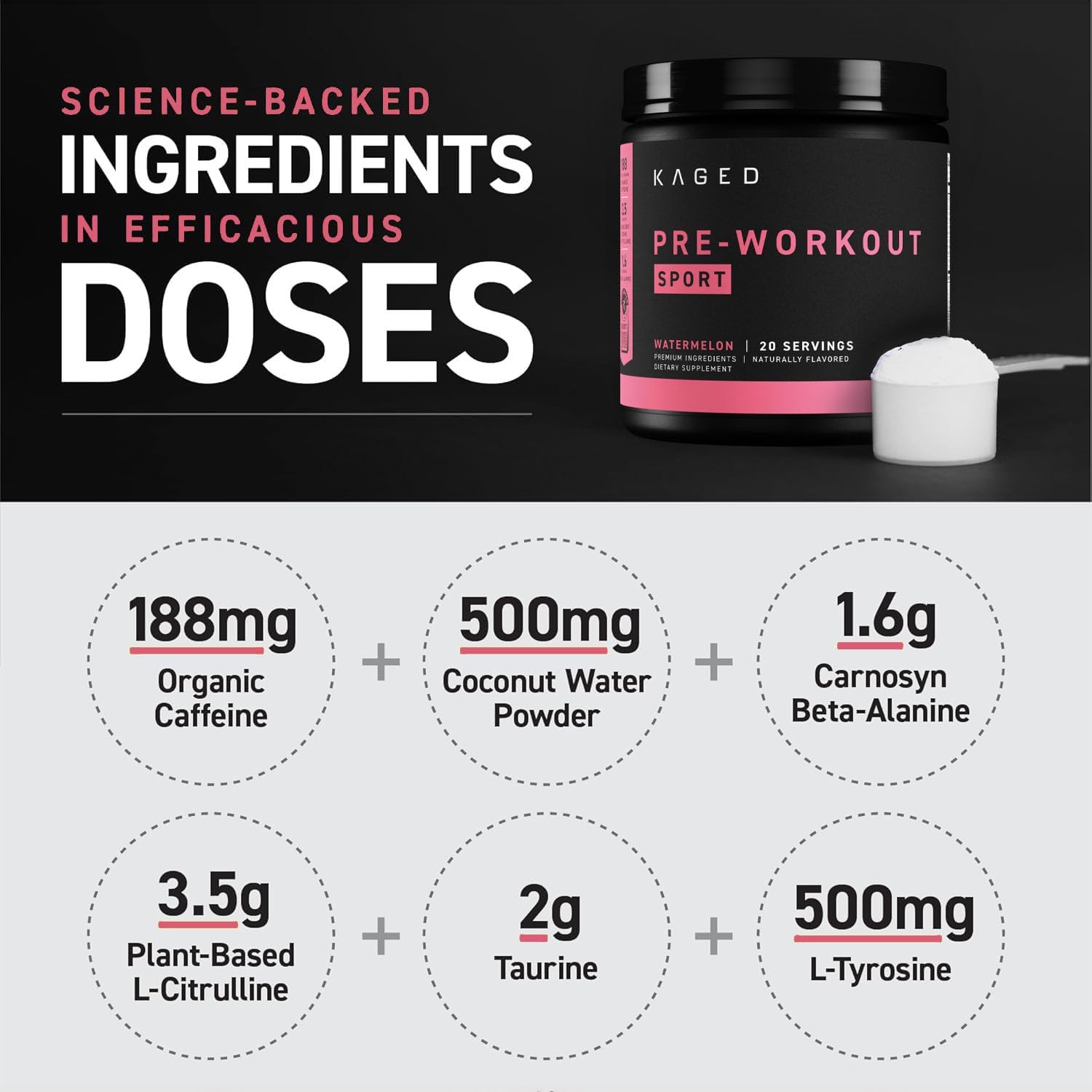 Watermelon Flavored Pre-Workout Powder for Endurance and Energy | Kaged Sport Pre-Kaged Supplement | Ideal for Cardio and Weightlifting | 20 Servings