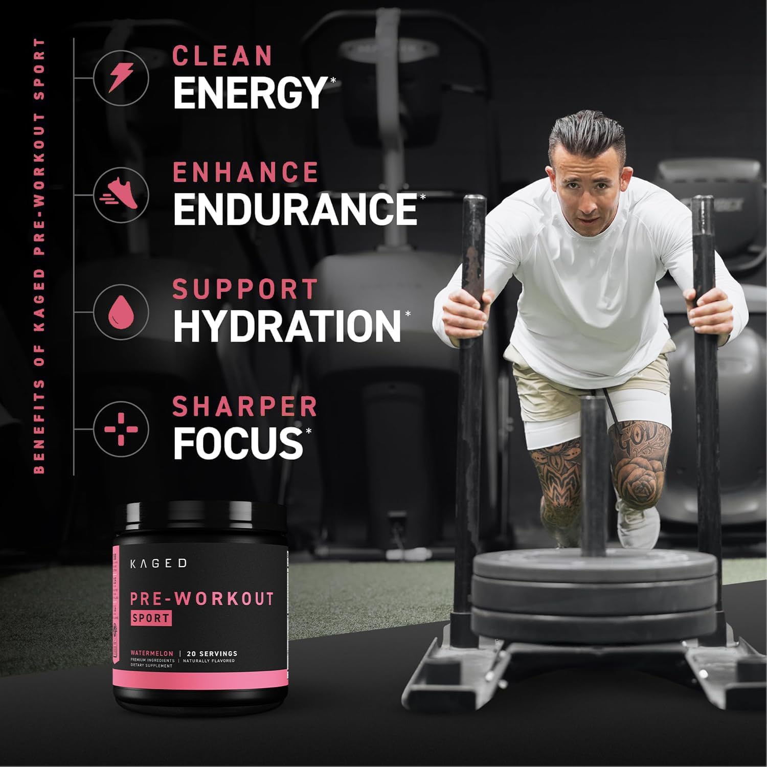 Watermelon Flavored Pre-Workout Powder for Endurance and Energy | Kaged Sport Pre-Kaged Supplement | Ideal for Cardio and Weightlifting | 20 Servings