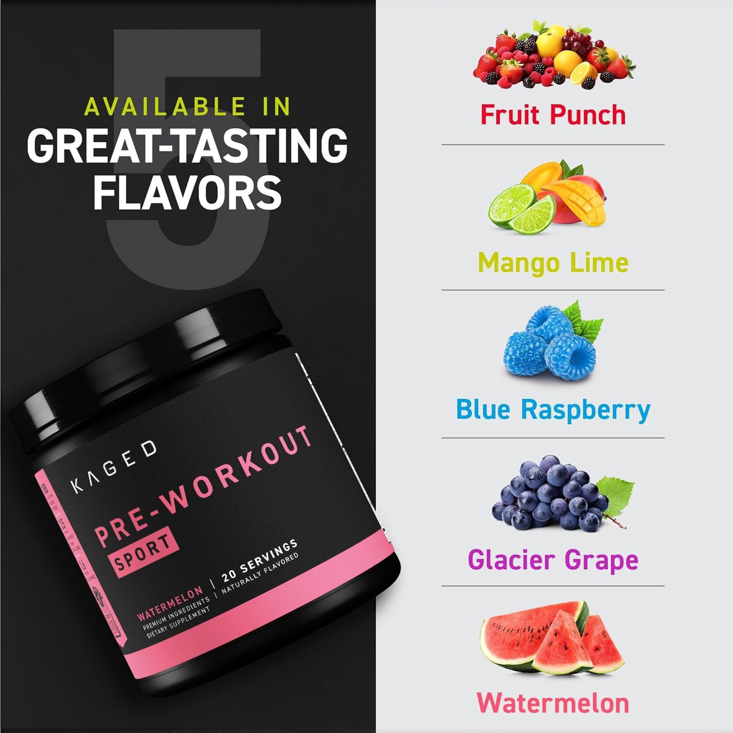 Watermelon Flavored Pre-Workout Powder for Endurance and Energy | Kaged Sport Pre-Kaged Supplement | Ideal for Cardio and Weightlifting | 20 Servings