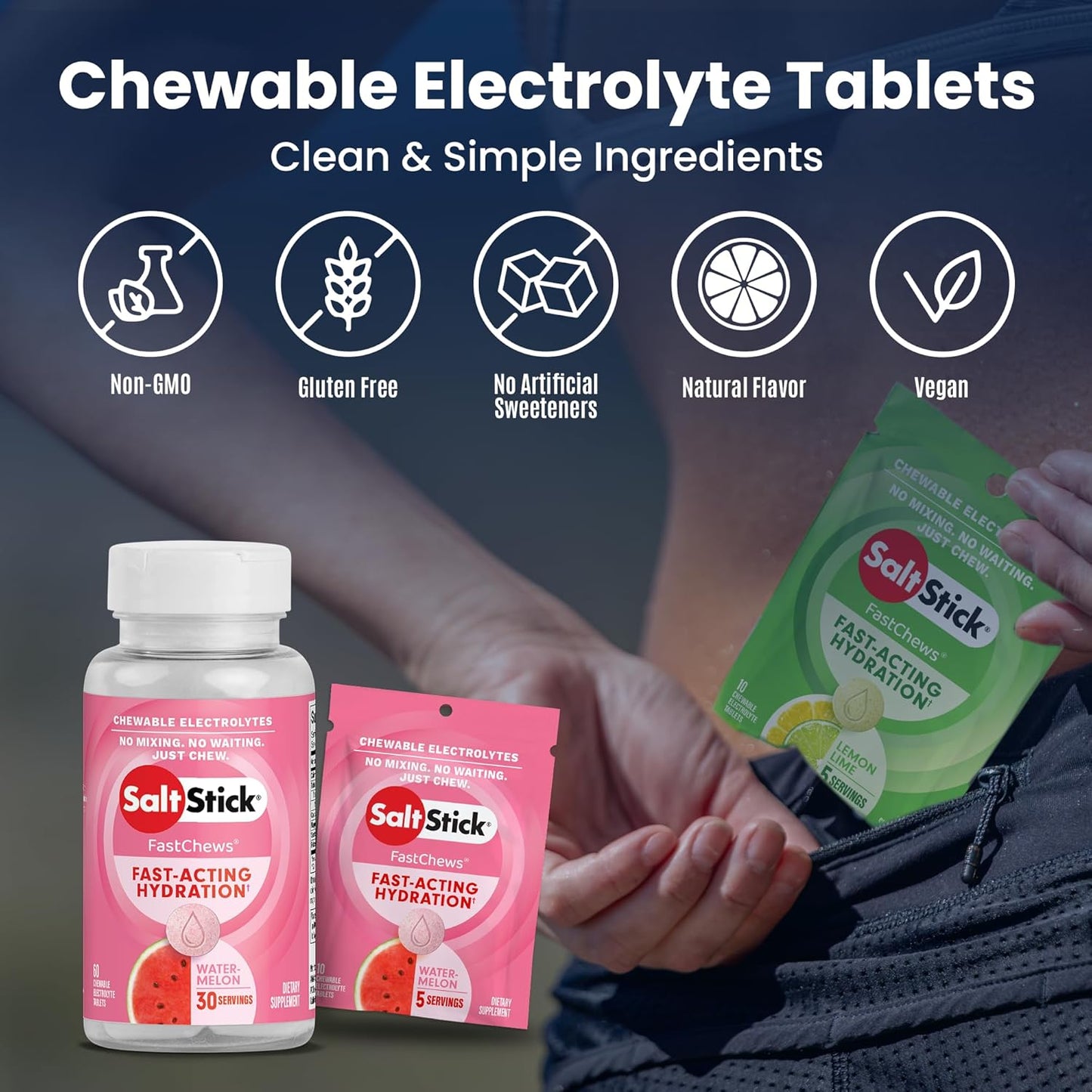 Watermelon Flavored SaltStick Fastchew Electrolyte Replacement Tablets - 10 Count Pack for Rehydration
