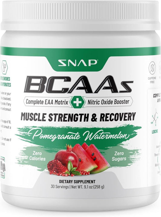 Watermelon Flavored Snap BCAA Powder - Amino Energy & Nitric Oxide Booster - Pre & Post Workout Supplement for Muscle Strength & Recovery (30 Servings)