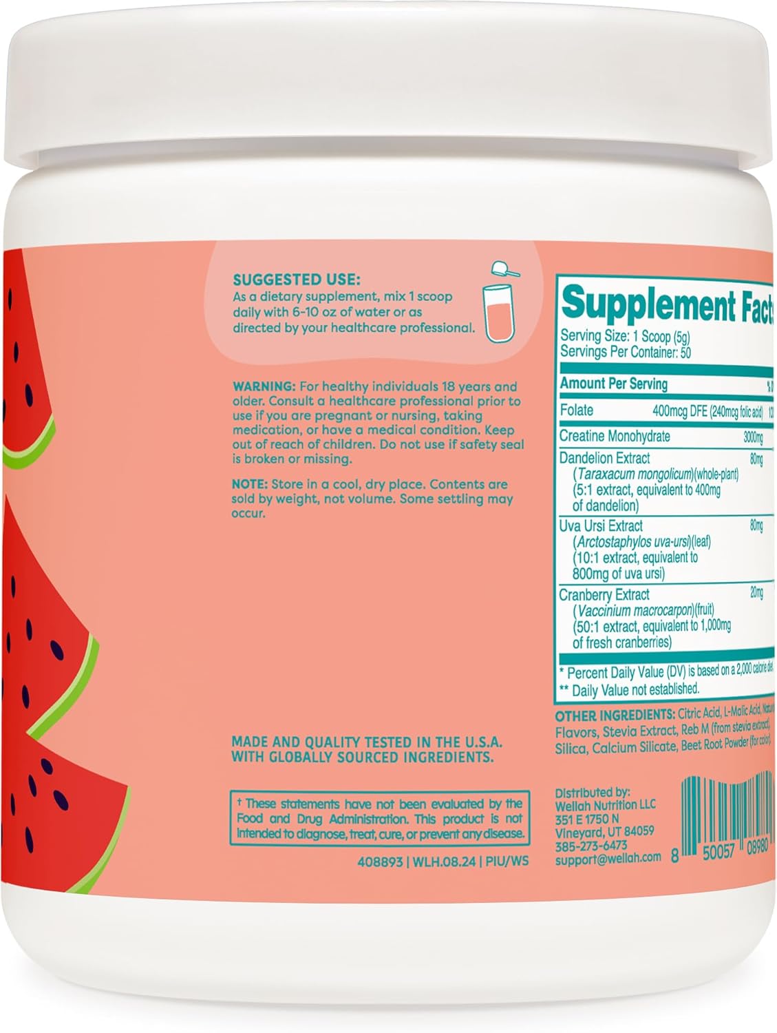 Watermelon Slush Creatine Monohydrate with Dandelion, Uva Ursi, & Cranberry Extract - 50 Servings