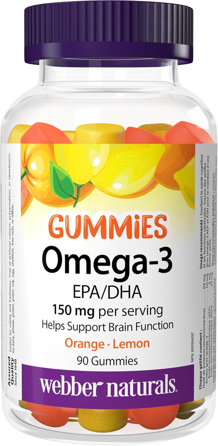 Webber Naturals Omega-3 Gummies 50 mg EPA/DHA, Orange, Cherry, Lemon, 90 Gummies - Delicious EPA/DHA Gummy Supplement
