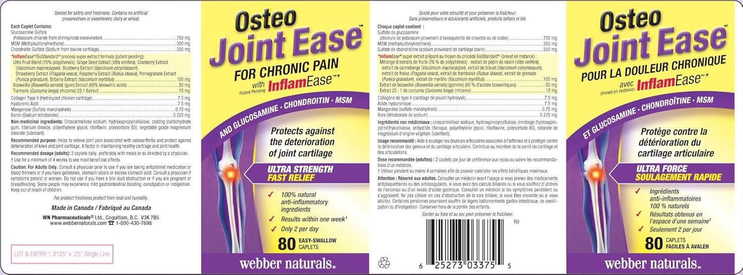 Webber Naturals Osteo Joint Ease™ with InflamEase™, Glucosamine Chondroitin MSM - 80 Easy-Swallow Caplets for Joint Health